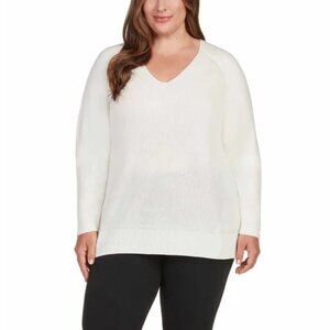 Matty M Women's Plus Relaxed Fit Ribbed Knit V-Neck Tunic Sweater (Ivory, 2X)